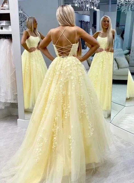 046, Hot Yellow tulle lace long prom dress party dress