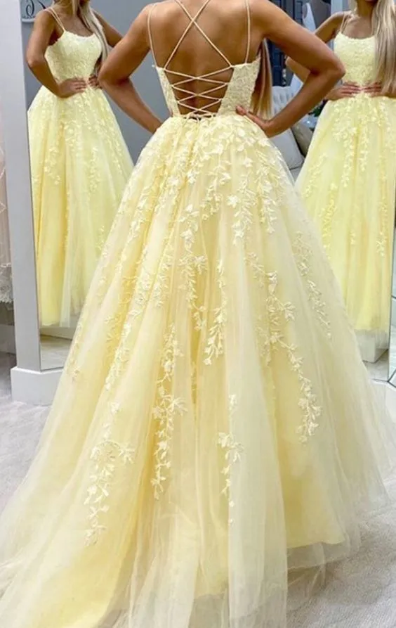 046, Hot Yellow tulle lace long prom dress party dress