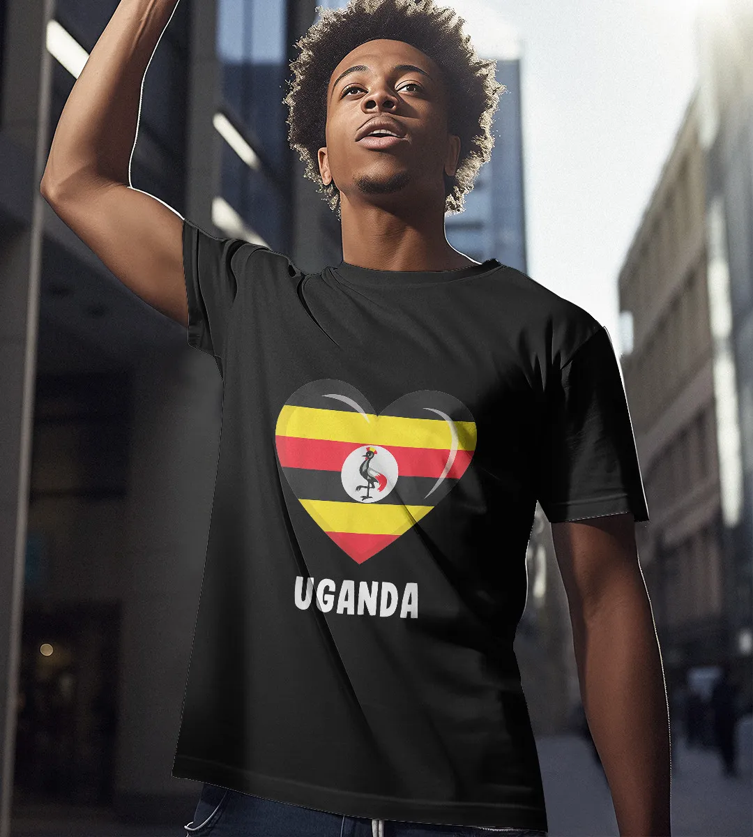 1sttheworld T-Shirt - Heart Uganda Flag T-Shirt Black A35