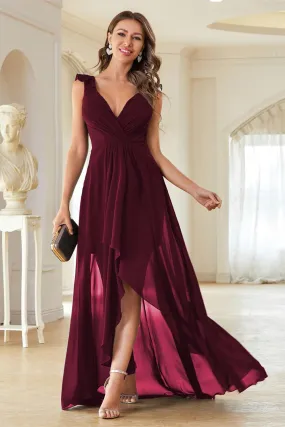 A-Line Burgundy V-Neck Chiffon High Low Prom Dress