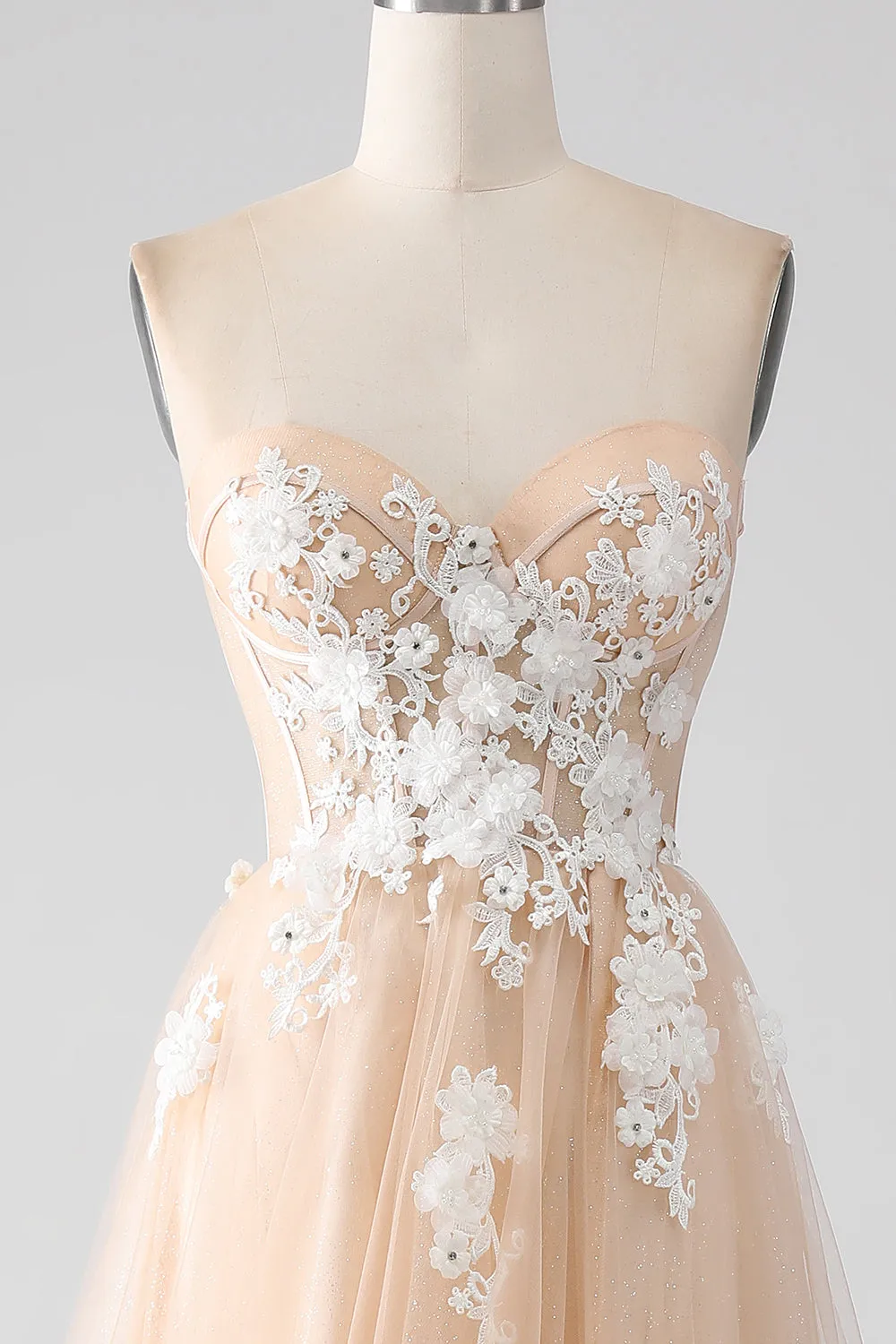 A-Line Champagne Strapless Corset Prom Dress with Appliques