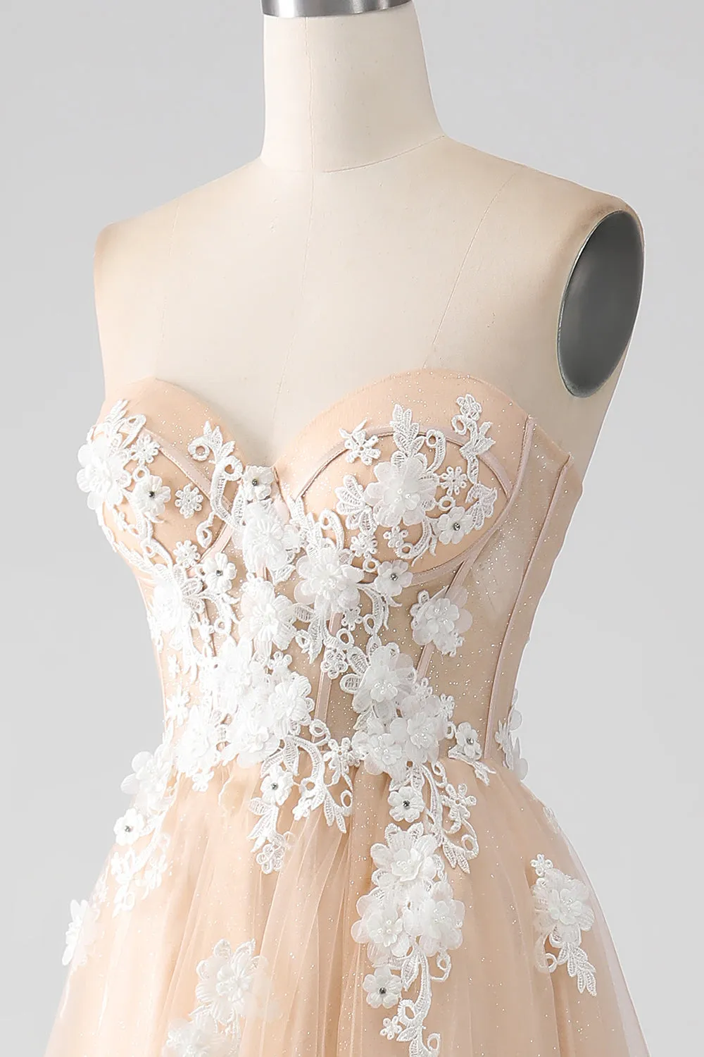 A-Line Champagne Strapless Corset Prom Dress with Appliques