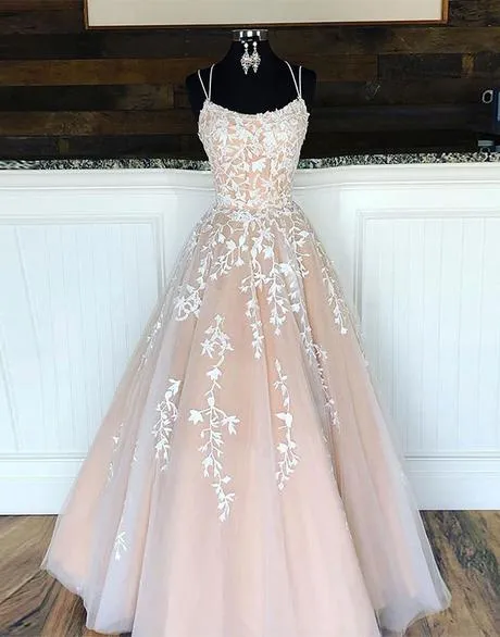 A-line ivory long prom dress with lace appliques S944