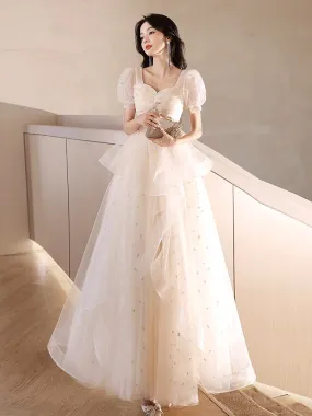 A-Line Light Champagne Tulle Lace Long Prom Dress, Light Champagne Long Evening Dress