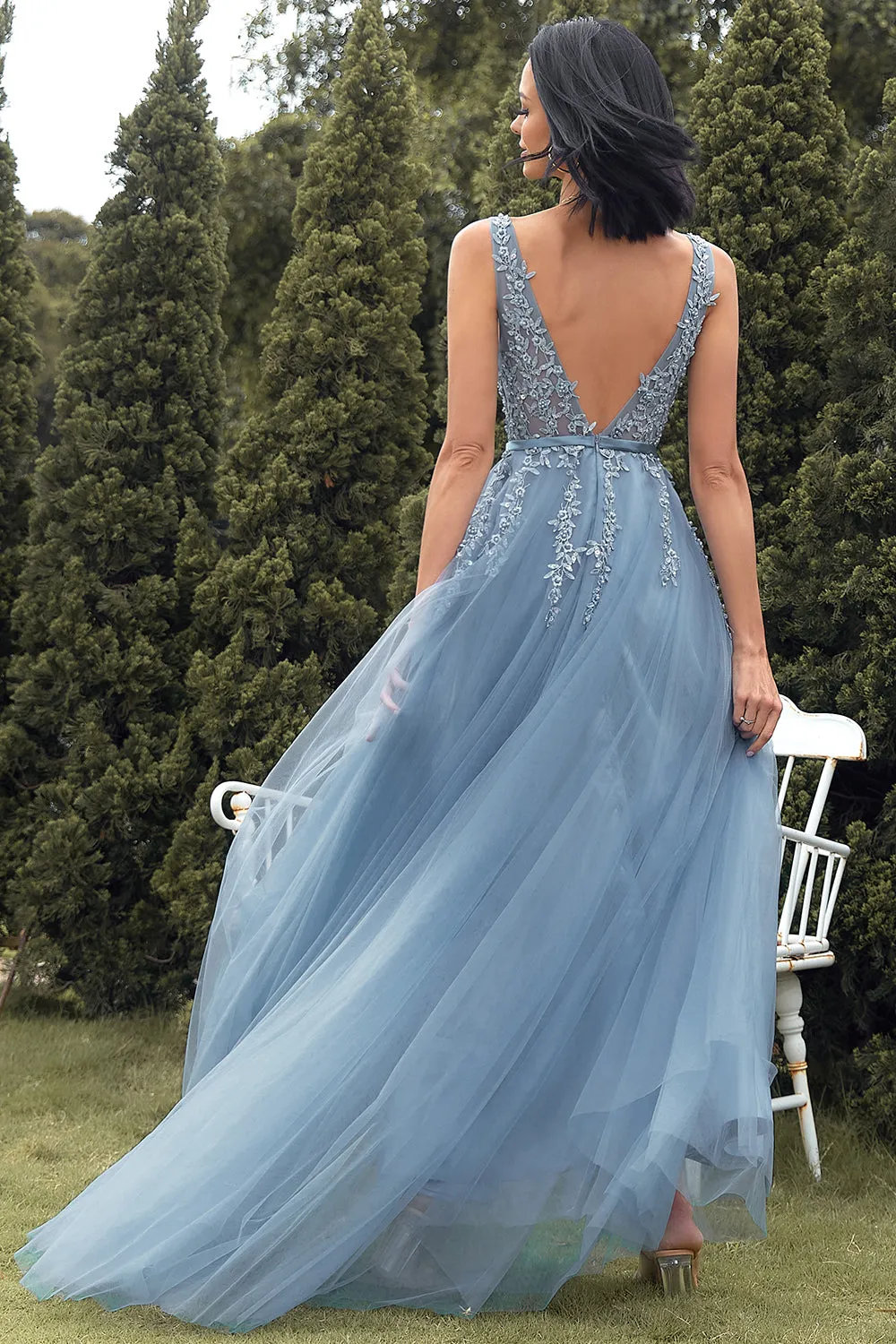 A-line Long Blue Prom Dress with Appliques