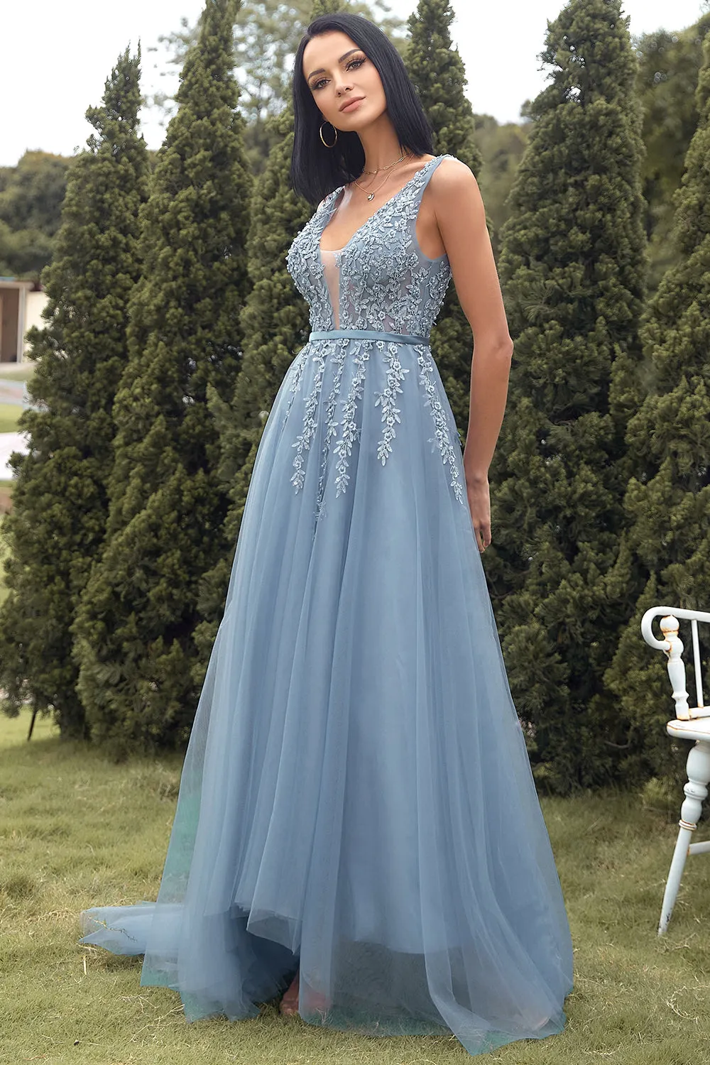 A-line Long Blue Prom Dress with Appliques