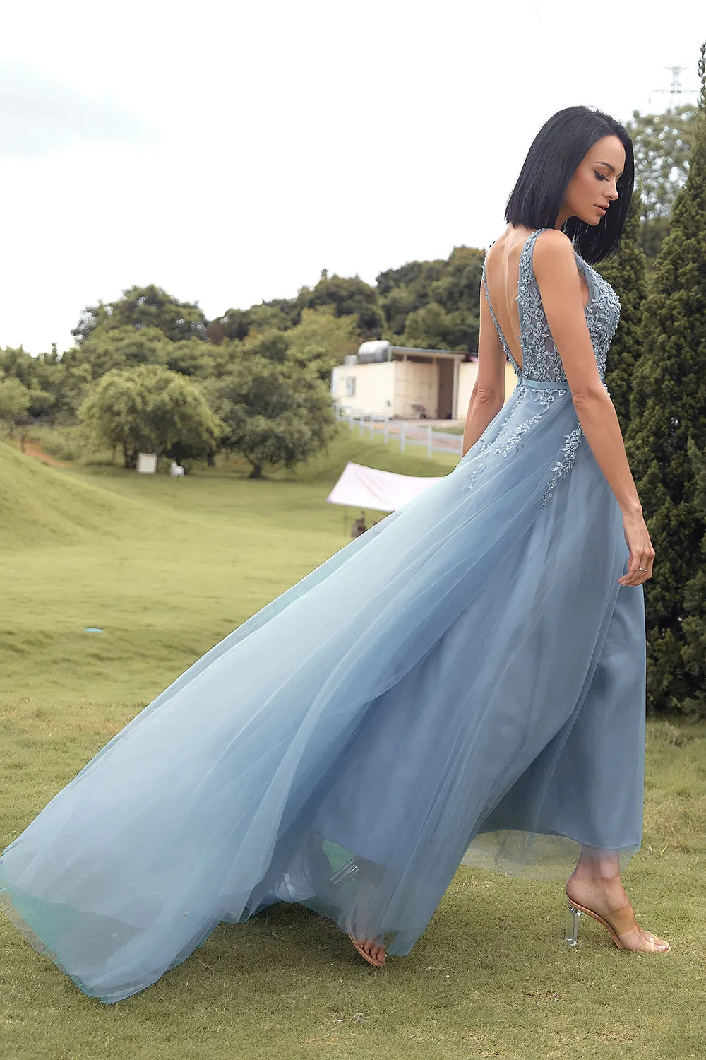 A-line Long Blue Prom Dress with Appliques