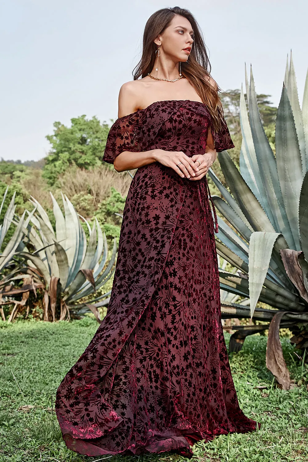 A Line Off the Shoulder Burgundy Long Prom Dress with Belt