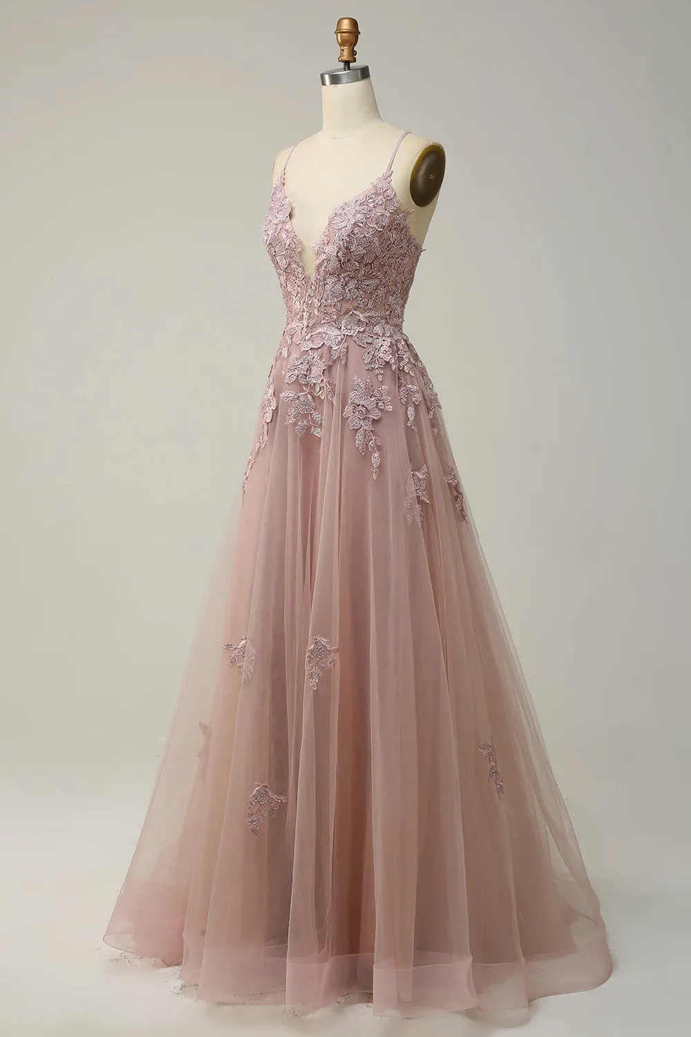 A Line Spaghetti Straps Blush Long Prom Dress with Appliques