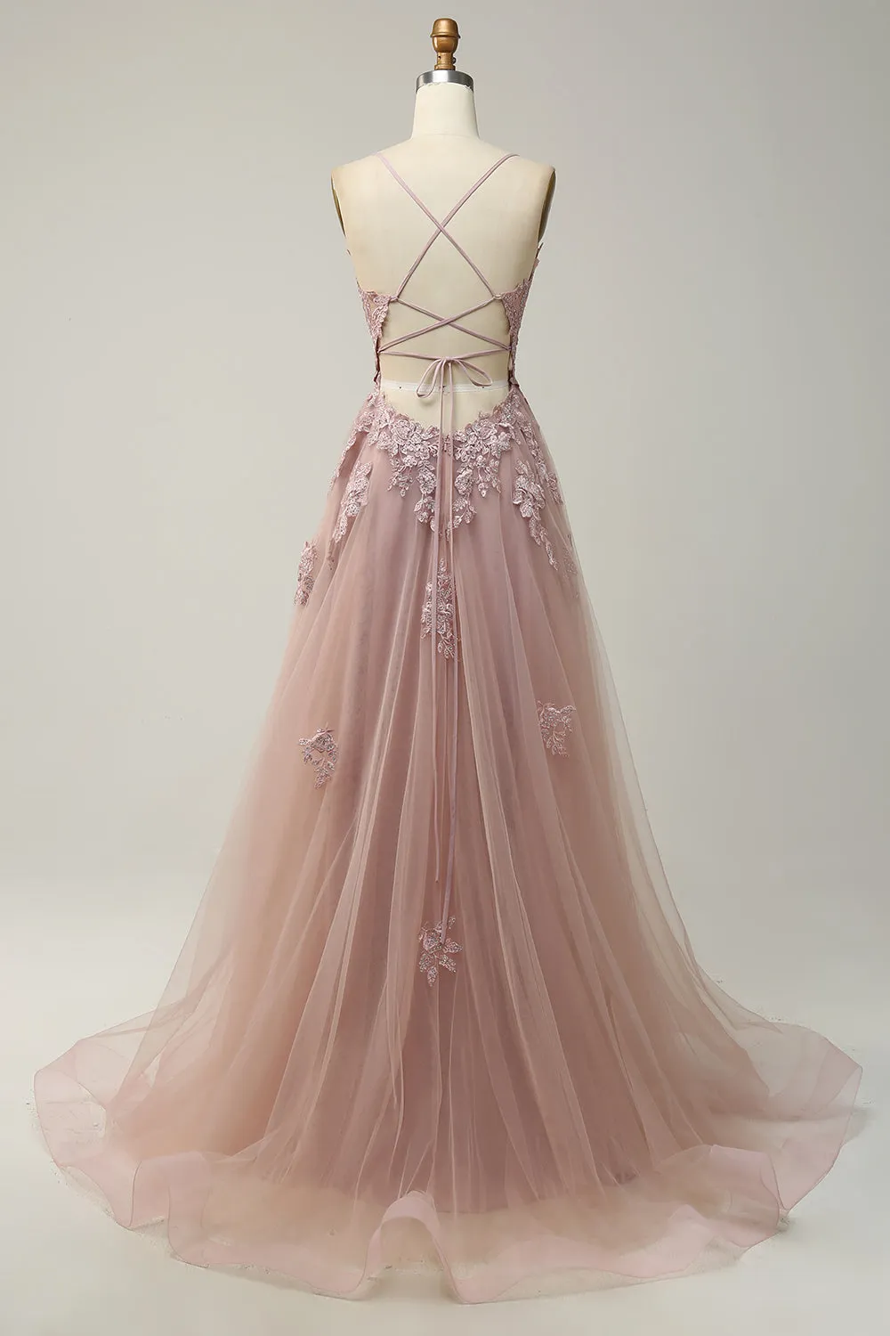 A Line Spaghetti Straps Blush Long Prom Dress with Appliques