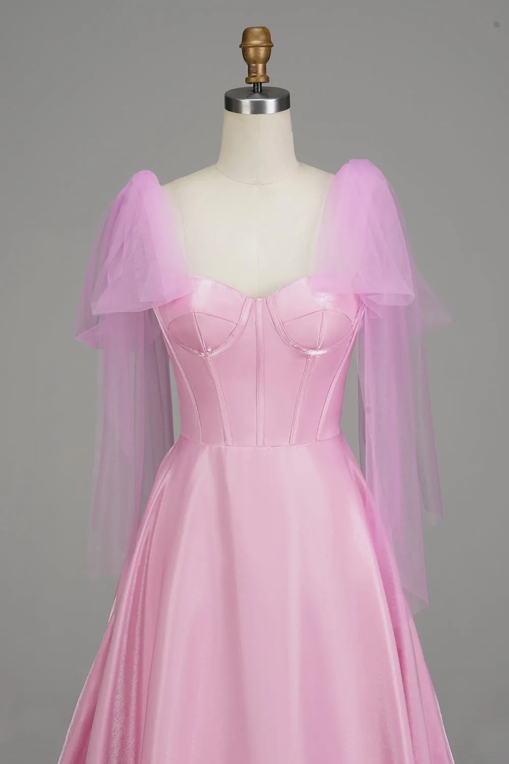 A-Line Spaghetti Straps Pink Corset Prom Dress