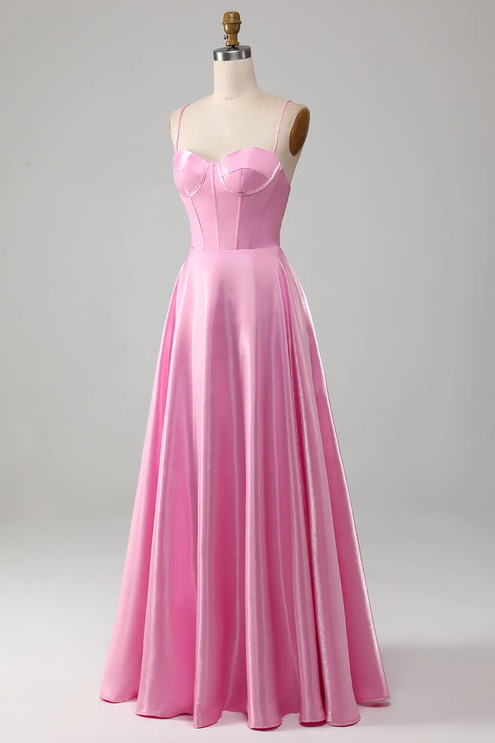 A-Line Spaghetti Straps Pink Corset Prom Dress