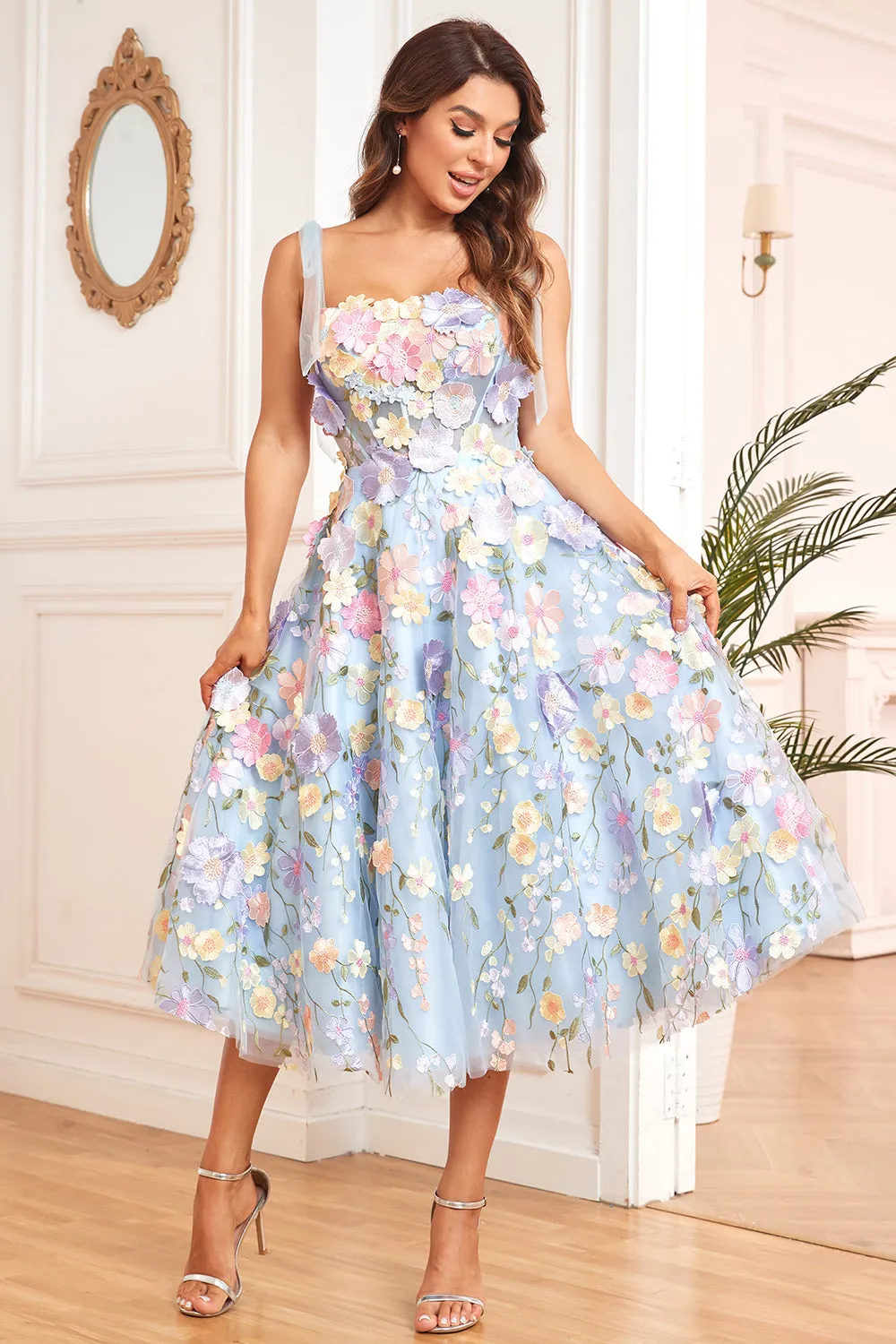 A Line Spaghetti Straps Purple Tea Length Prom Dress with 3D Flowers