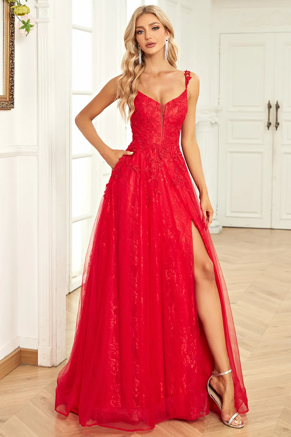 A Line Spaghetti Straps Red Long Prom Dress with Appliques