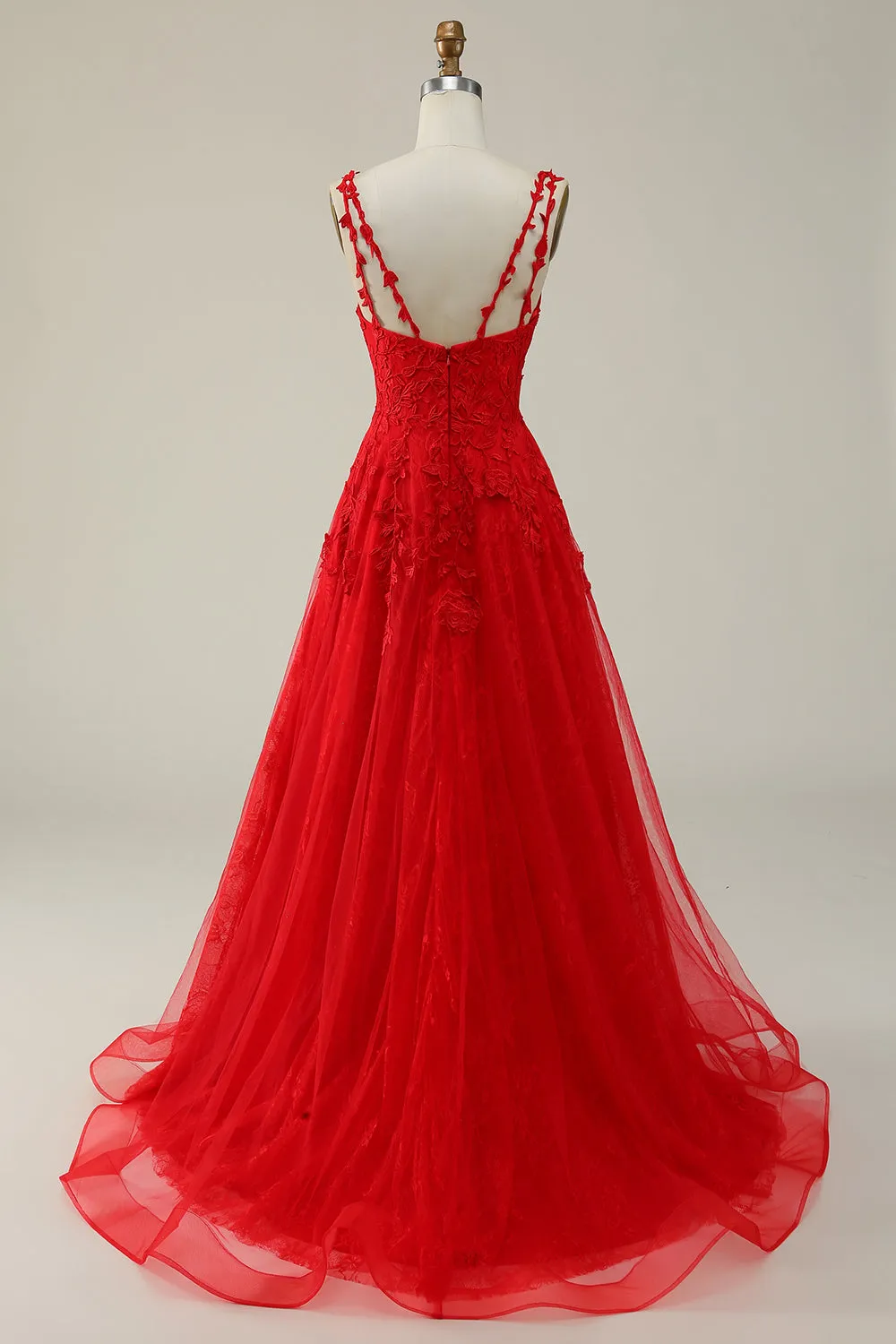 A Line Spaghetti Straps Red Long Prom Dress with Appliques