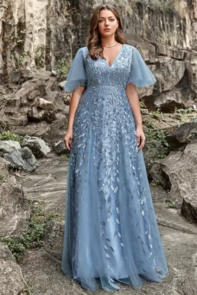 A Line V Neck Grey Blue Plus Size Prom Dress with Appliques