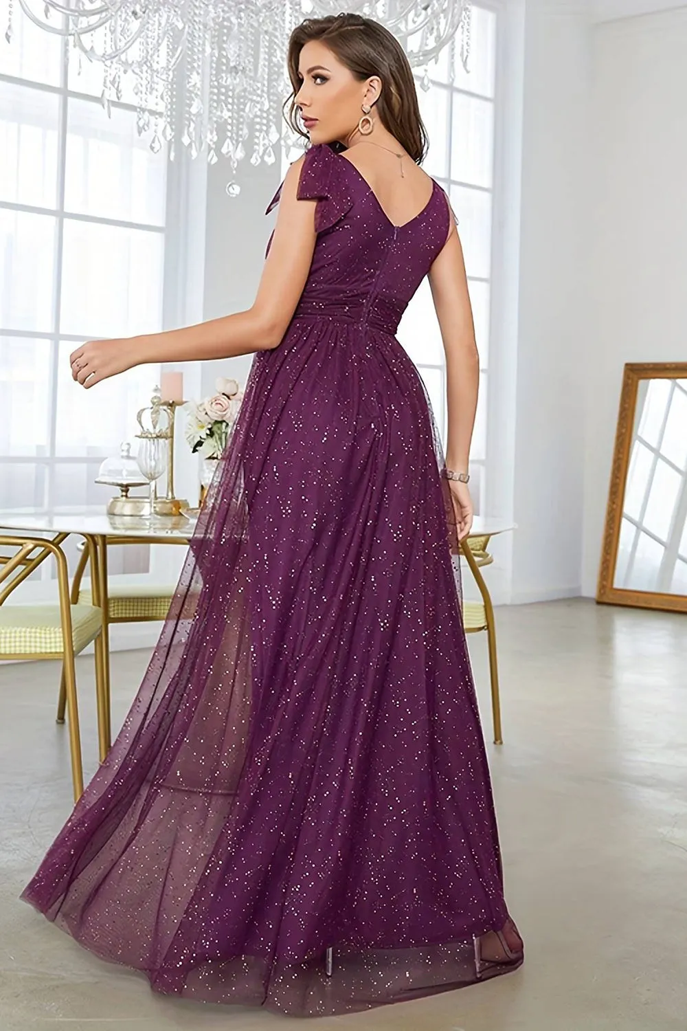 A-Line V-Neck Sequins Purple Prom Dress With Sleeveless