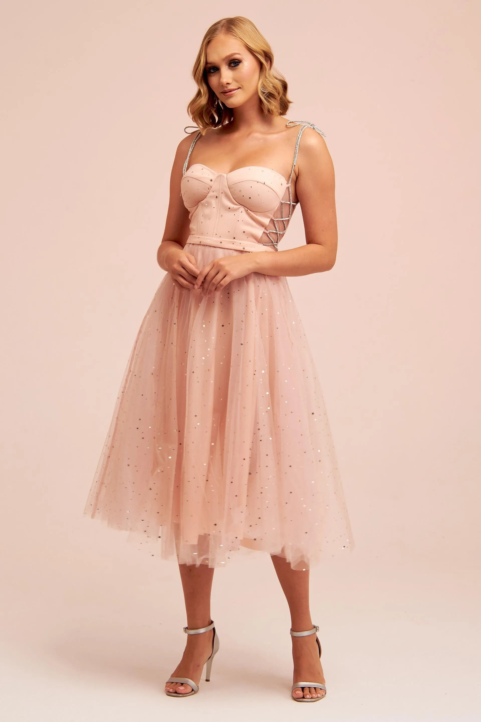 Angelino Powder Tulle Strappy Starry Princess Midi Prom Dress