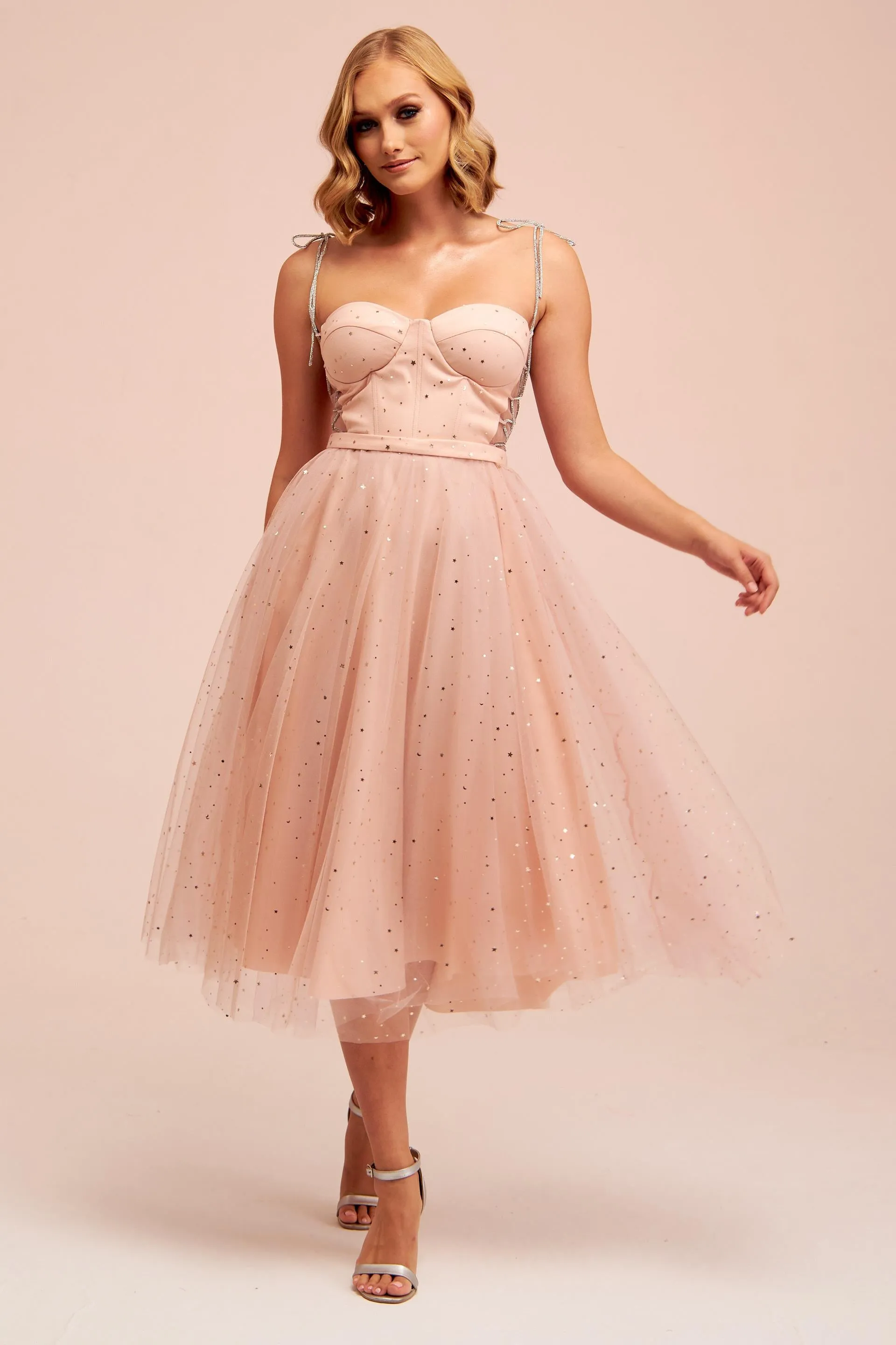 Angelino Powder Tulle Strappy Starry Princess Midi Prom Dress