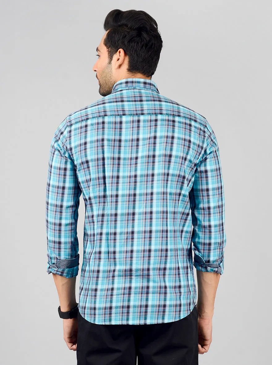 Aqua Blue Checked Slim Fit Casual Shirt | JadeBlue