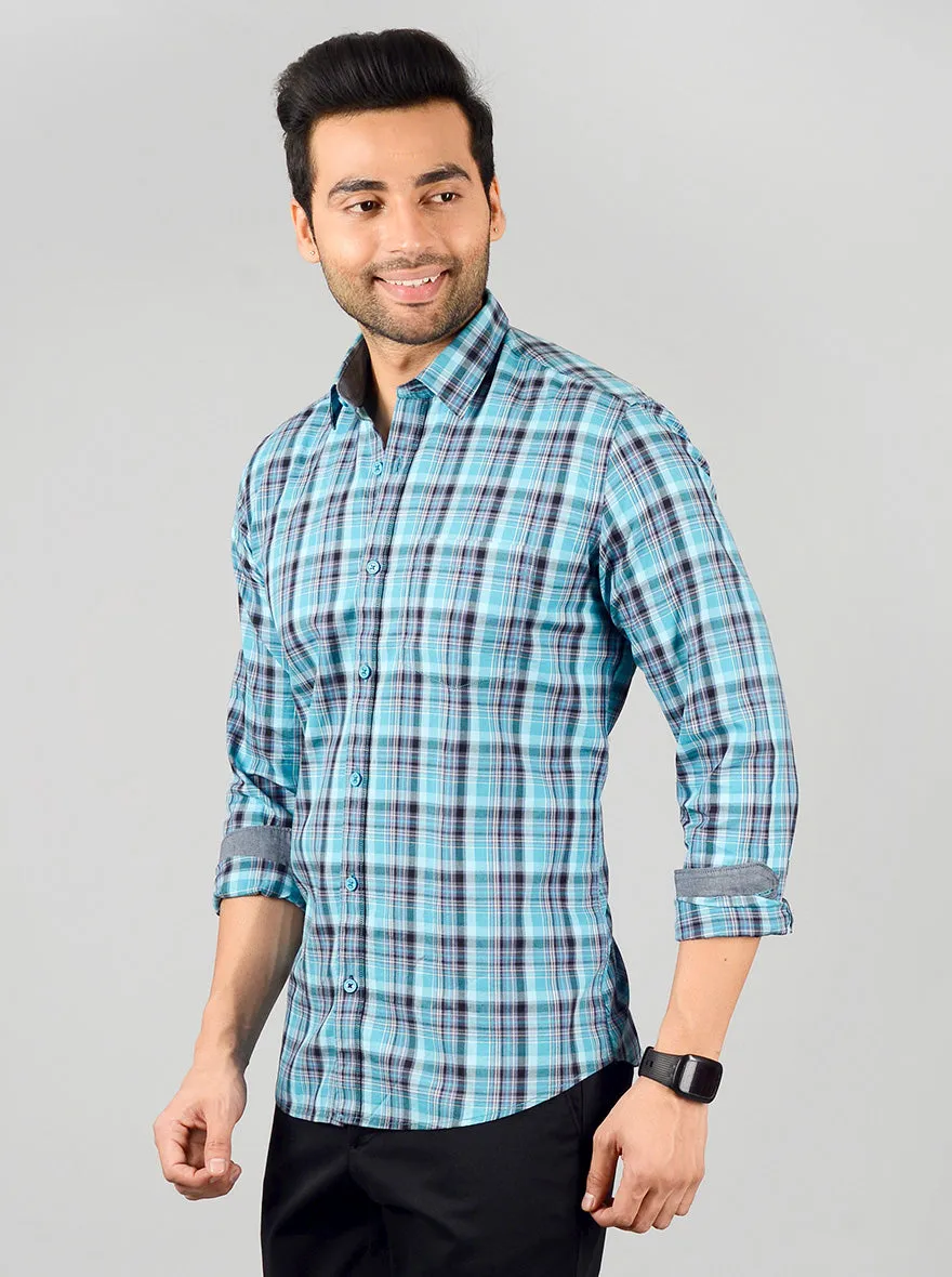 Aqua Blue Checked Slim Fit Casual Shirt | JadeBlue