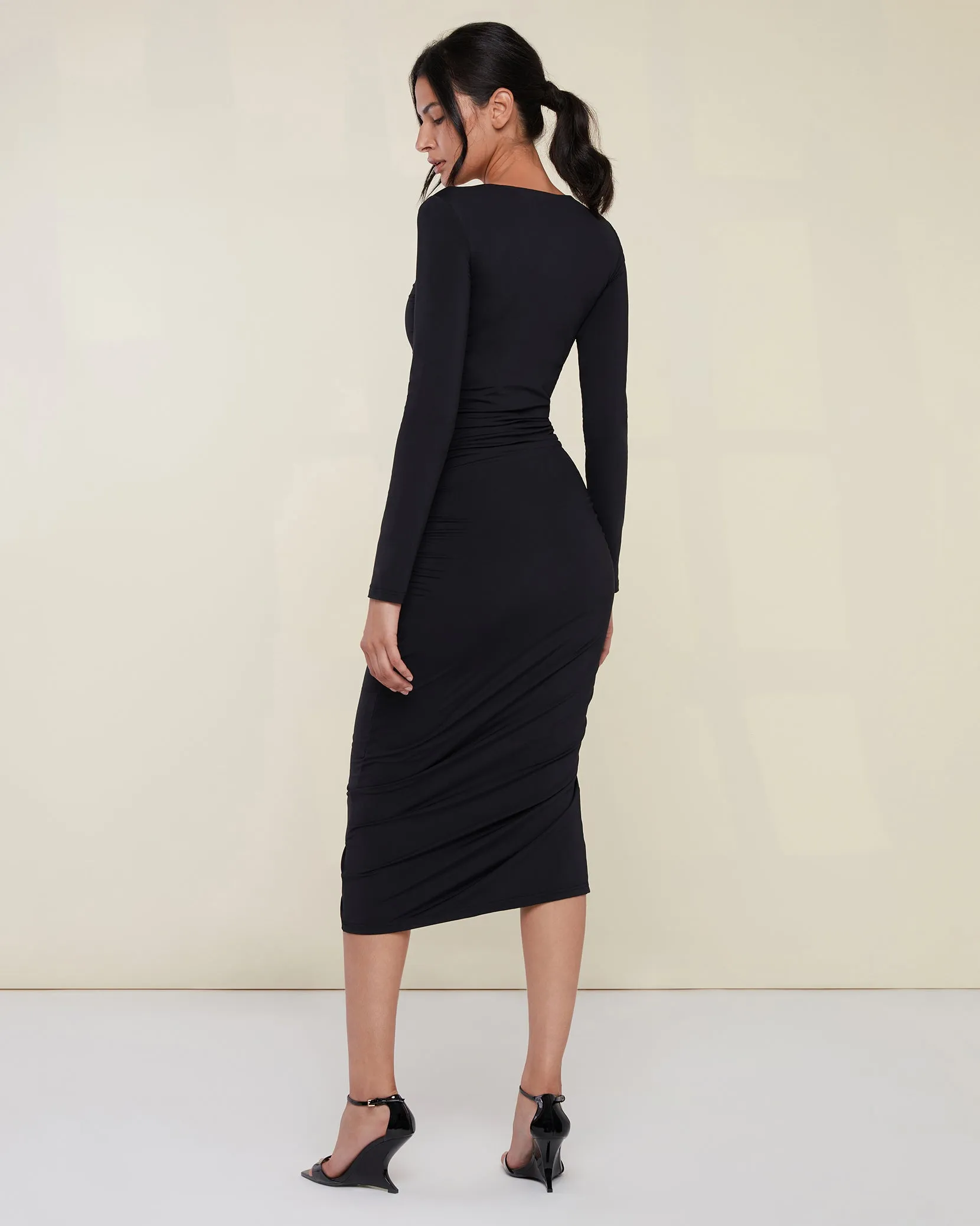 Asymmetrical Shirred Jersey Midi Dress