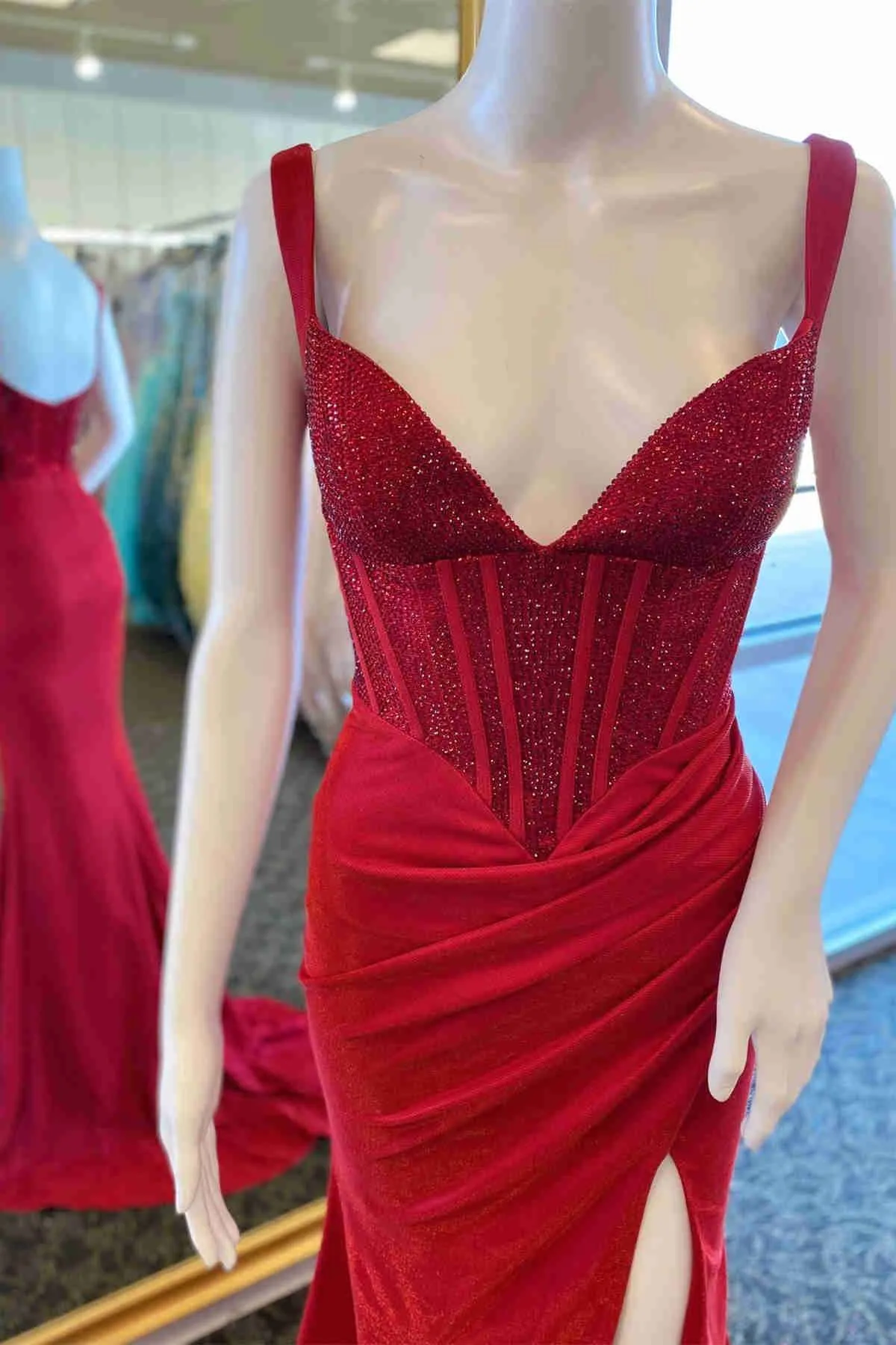 Beaded Red V-Neck Pleated Long Prom Dress with Slit Y893