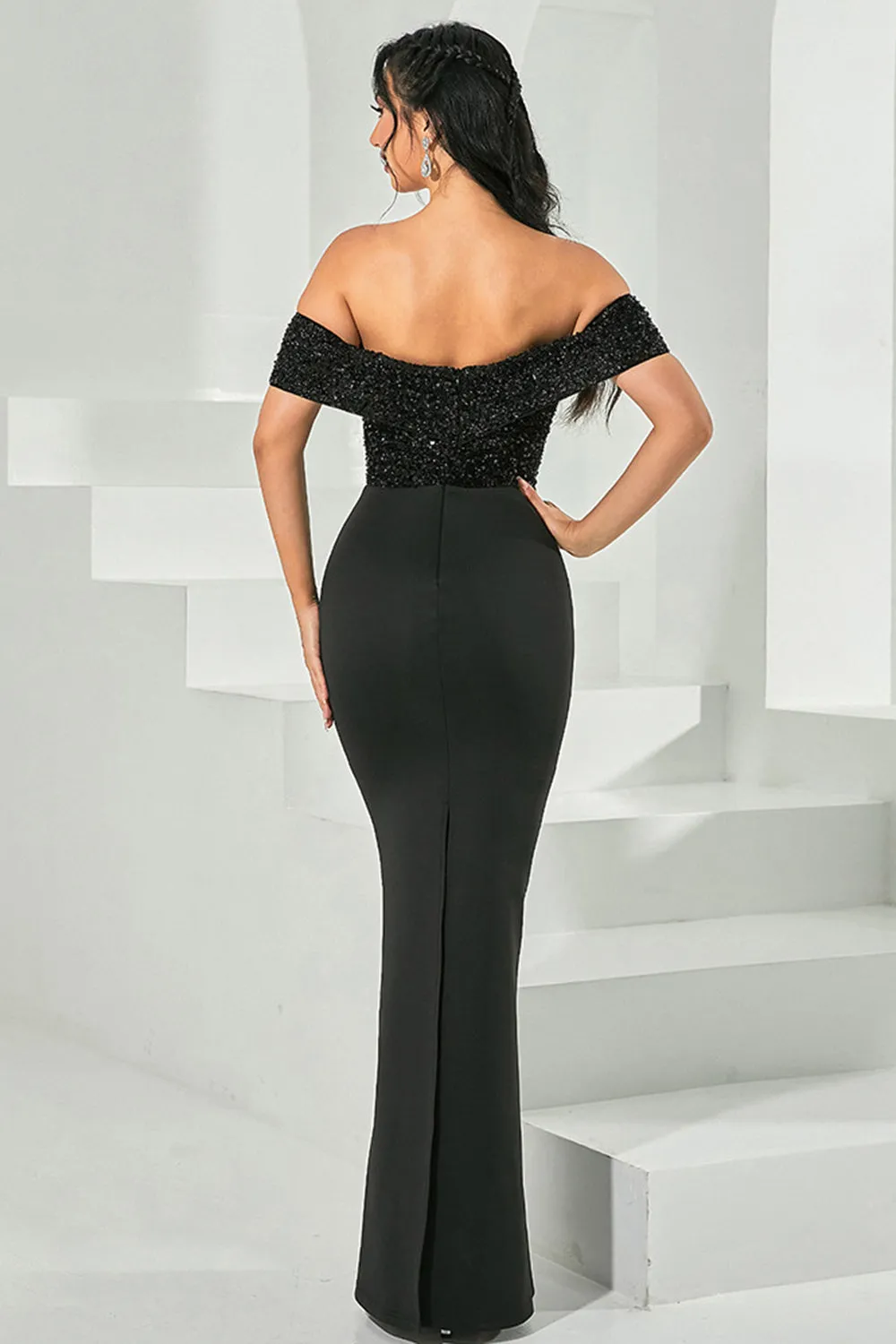 Black Beaded Off the Shoulder Bodycon Long Prom Dress