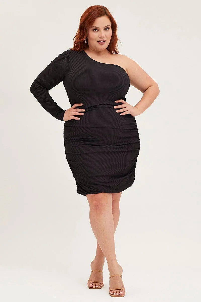 Black Bodycon Dress One Shoulder Long Sleeve Jersey