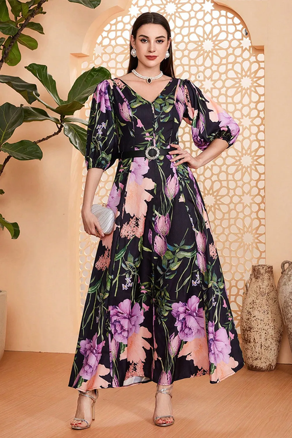 Black Floral A-Line V Neck Half Sleeves Long Prom Dress with Belt