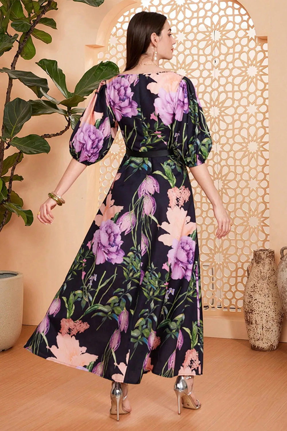 Black Floral A-Line V Neck Half Sleeves Long Prom Dress with Belt