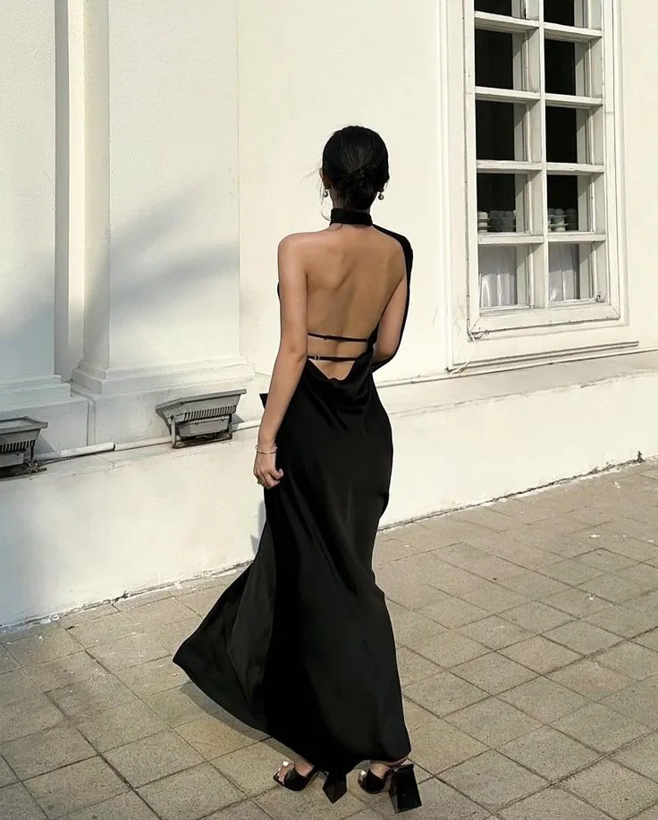 Black Halter Backless Sexy Satin Prom Dress SH1323