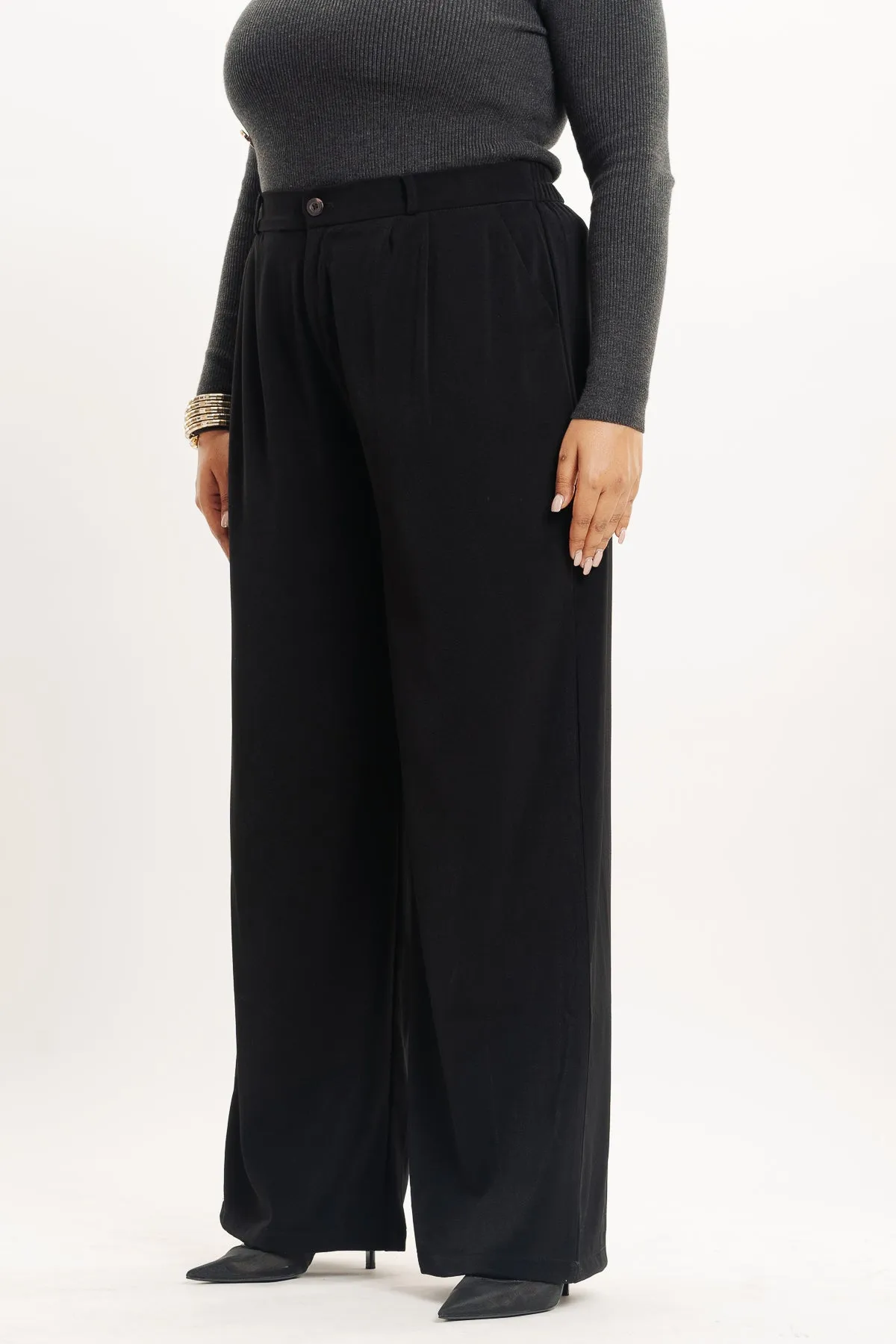 Black Pleated Straight Fit Curve Korean Pant