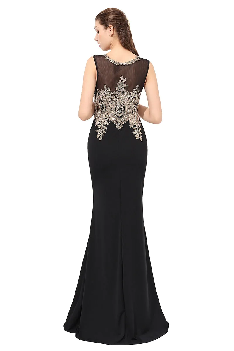 Black Sleeveless Long Evening Prom Dress With Lace Appliques, BS41