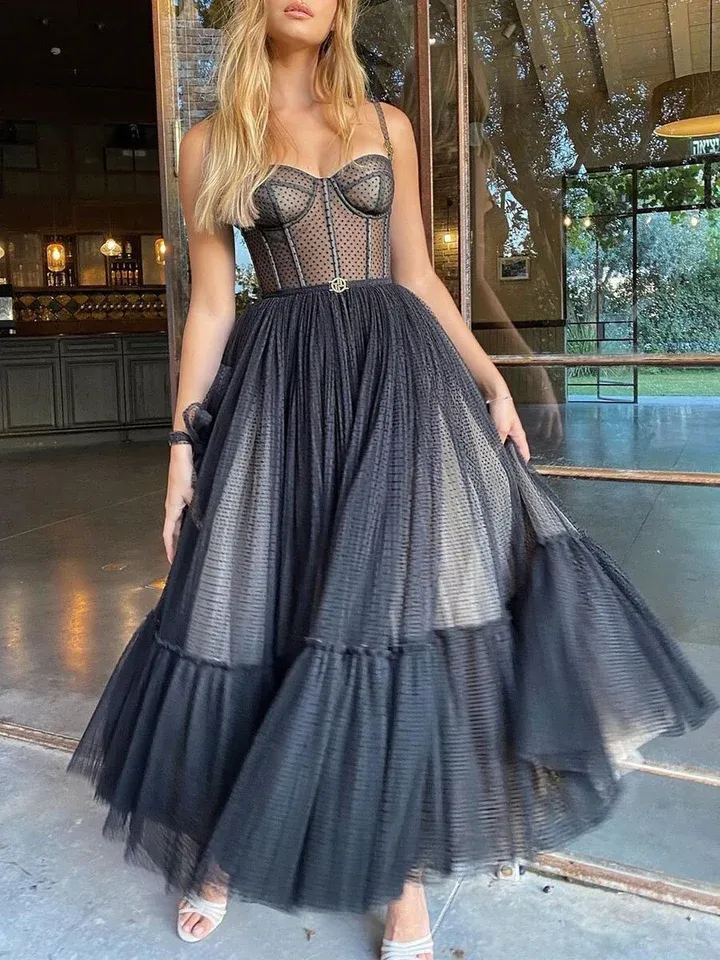 Black Sling Heavy Craft Mesh Gown Prom Dress SH280