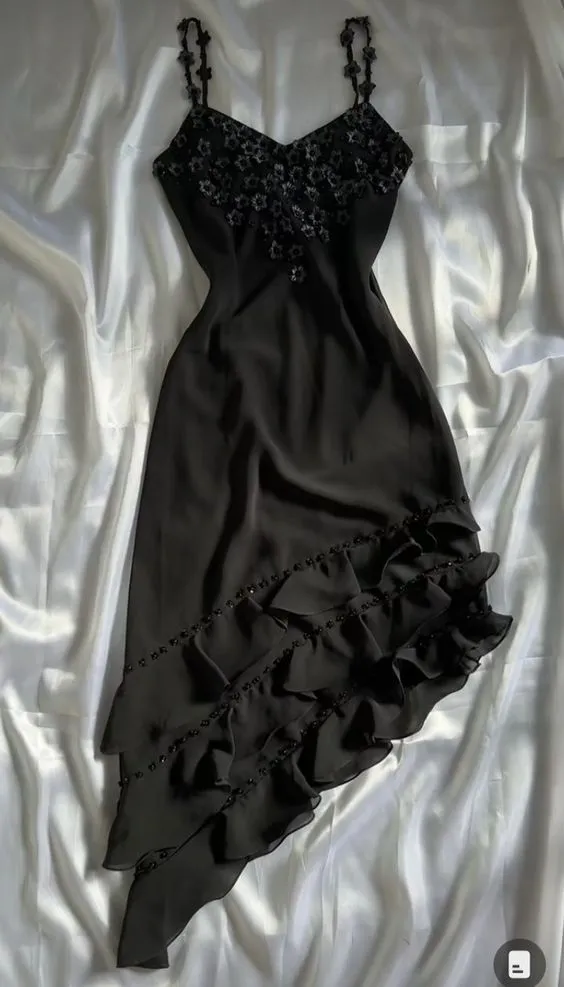 Black Vintage Spaghetti Straps Chiffon Appliques Flower  Prom Dress SH1406