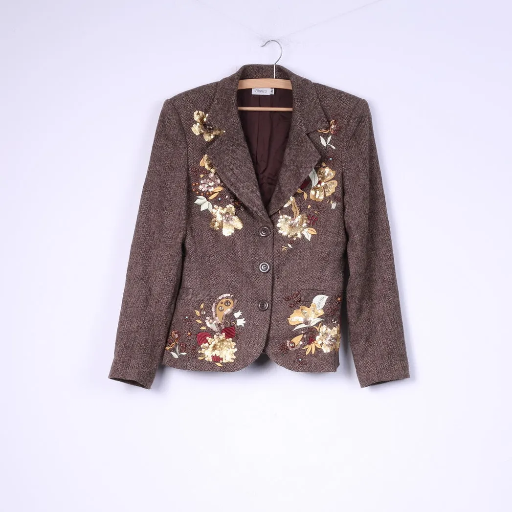 Blanco Women 40 M Blazer Brown Single Breasted Herringbone Wool Autumn Embroidered Jacket