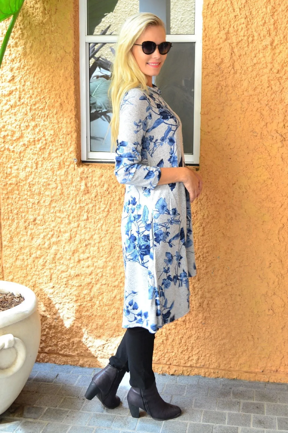 Blue Autumn Leaf Fleece Tunic Dress