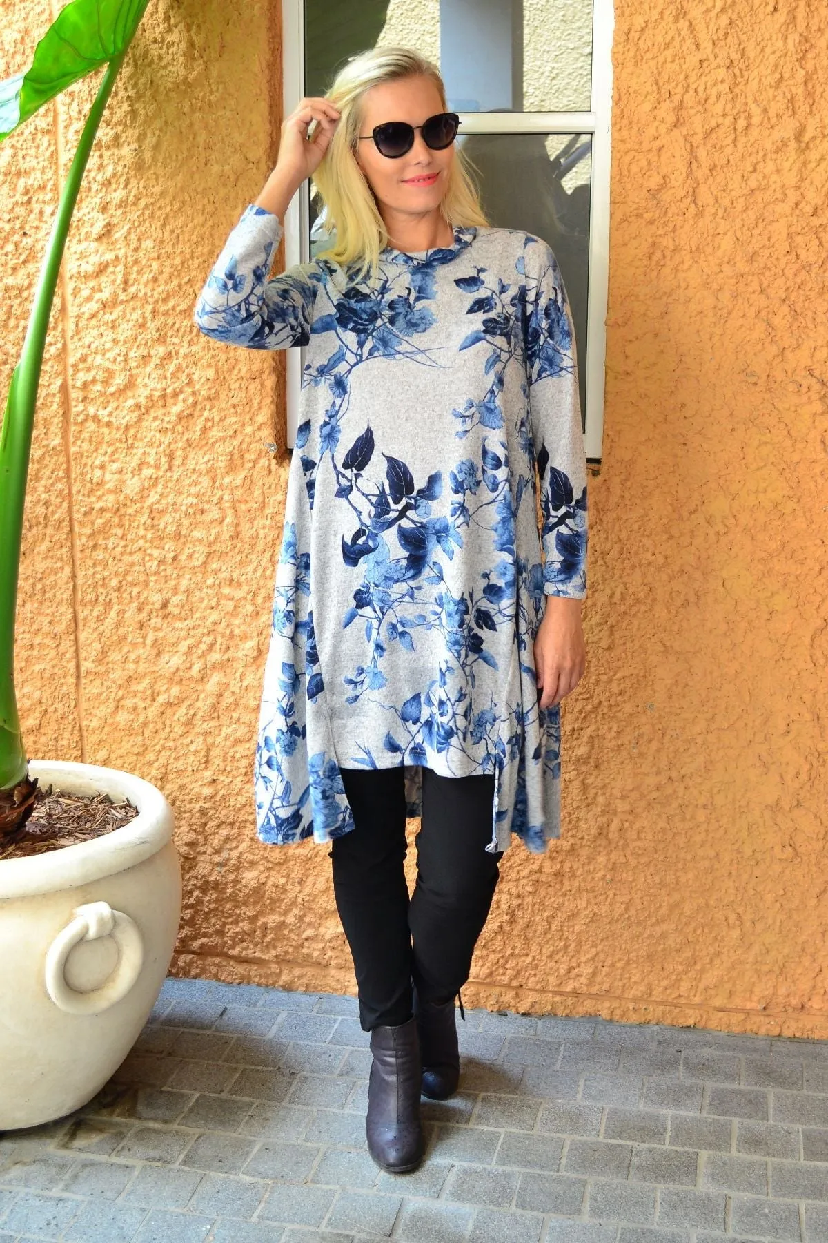 Blue Autumn Leaf Fleece Tunic Dress