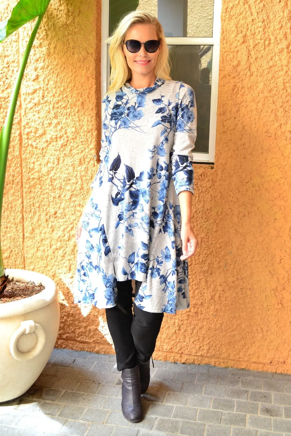 Blue Autumn Leaf Fleece Tunic Dress