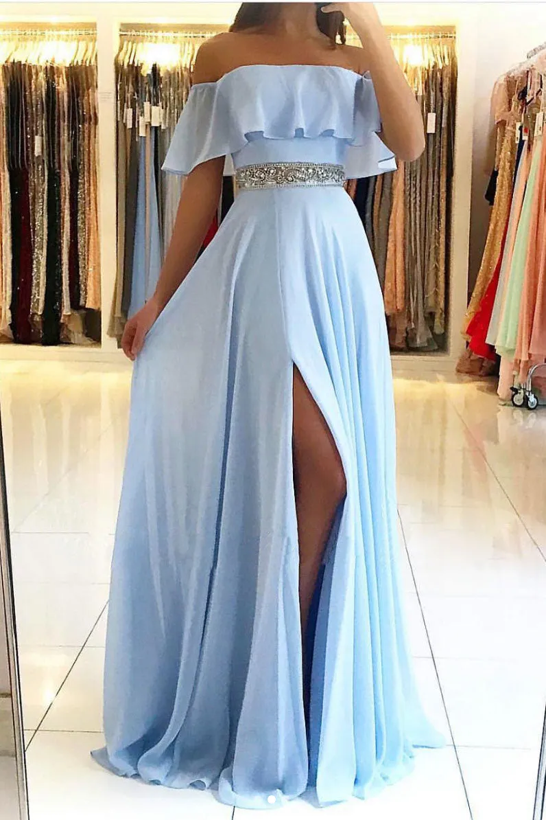 Blue chiffon long prom dress, blue chiffon evening dress