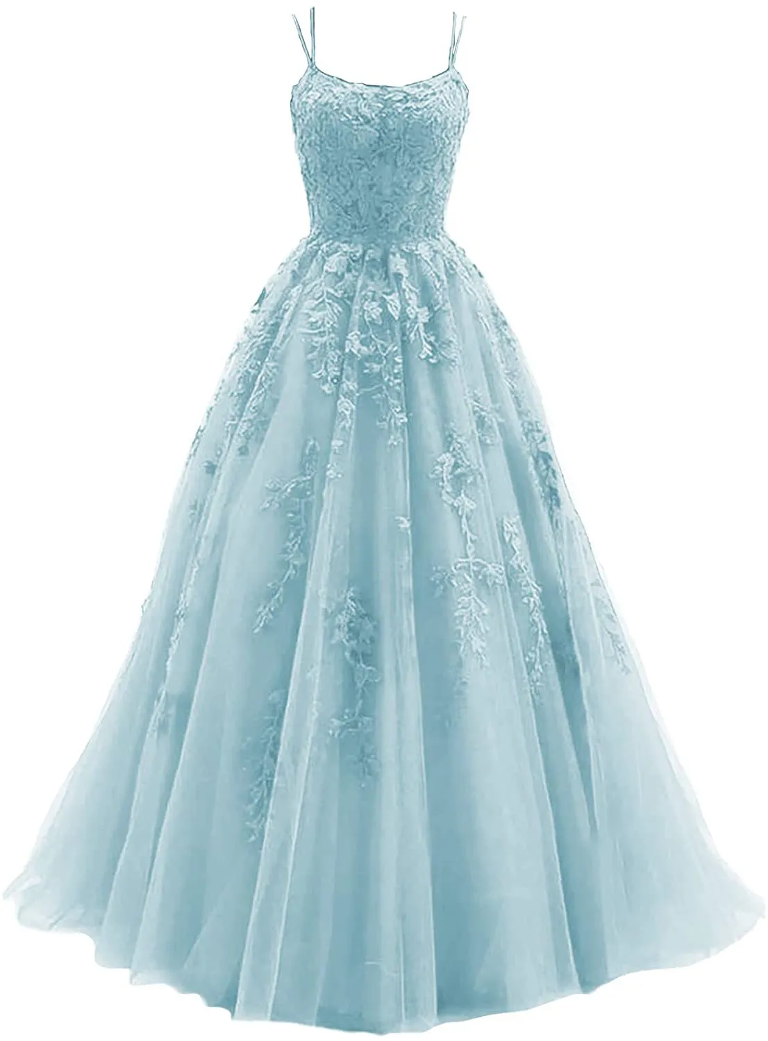 Blue tulle long A line prom dress lace evening dress SA189