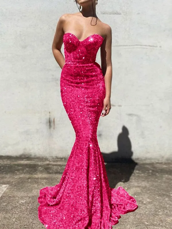 Burgundy Mermaid Sweetheart Sleeveless Long Court Train Velvet Sequin Prom Dress (AF1033)