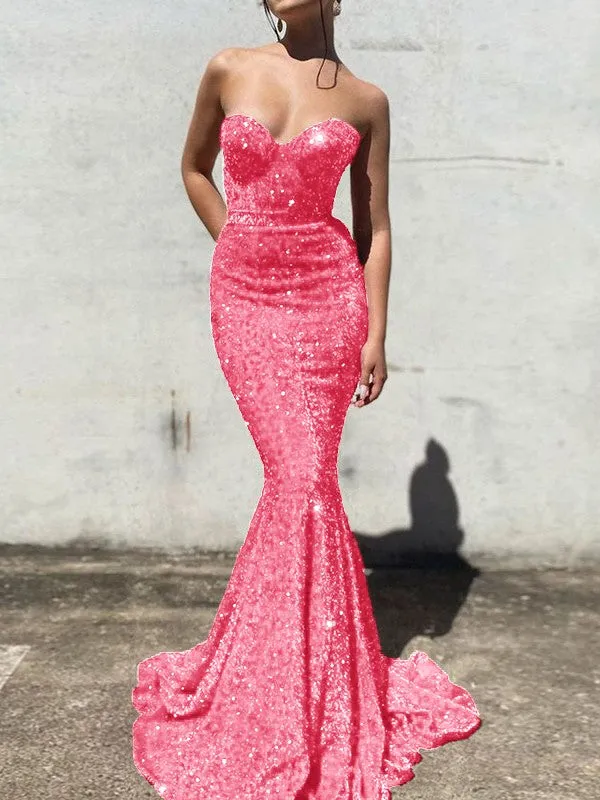 Burgundy Mermaid Sweetheart Sleeveless Long Court Train Velvet Sequin Prom Dress (AF1033)