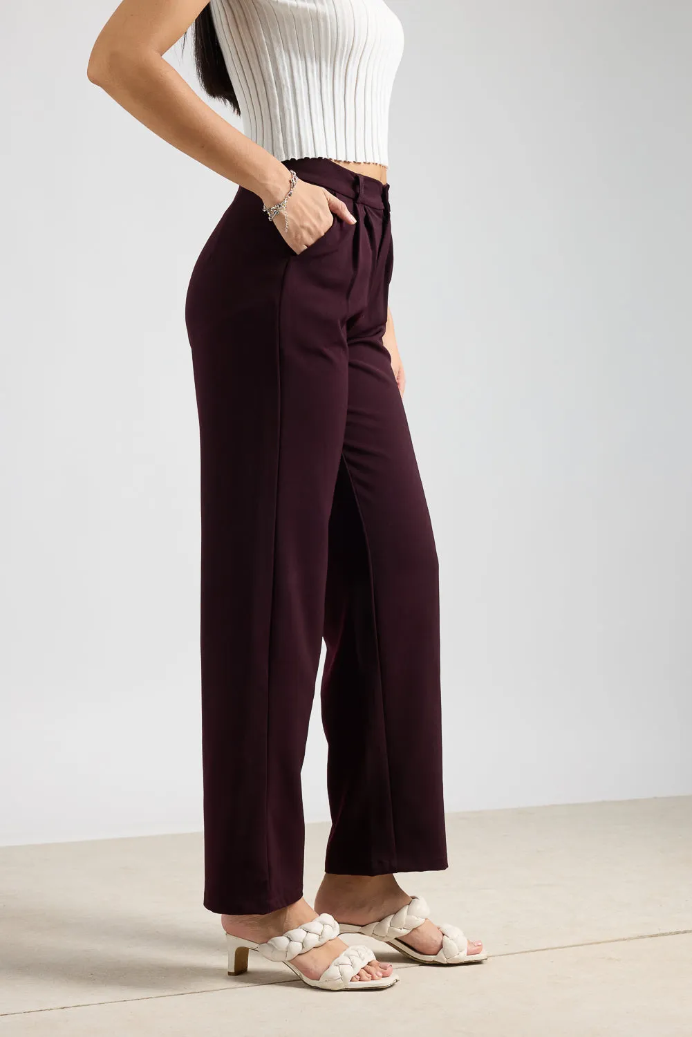 Burgundy Pleated Straight Fit Korean Pant