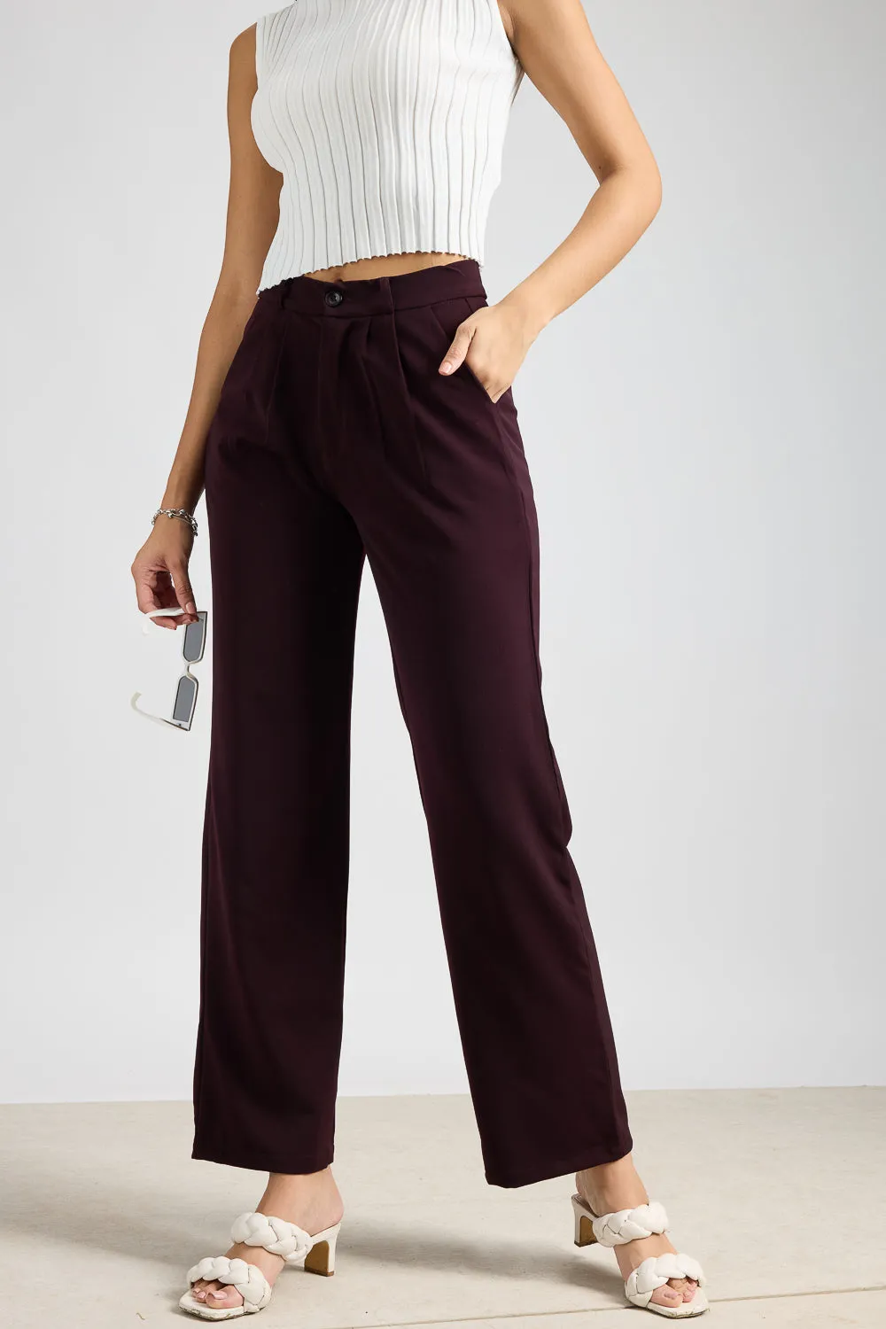 Burgundy Pleated Straight Fit Korean Pant