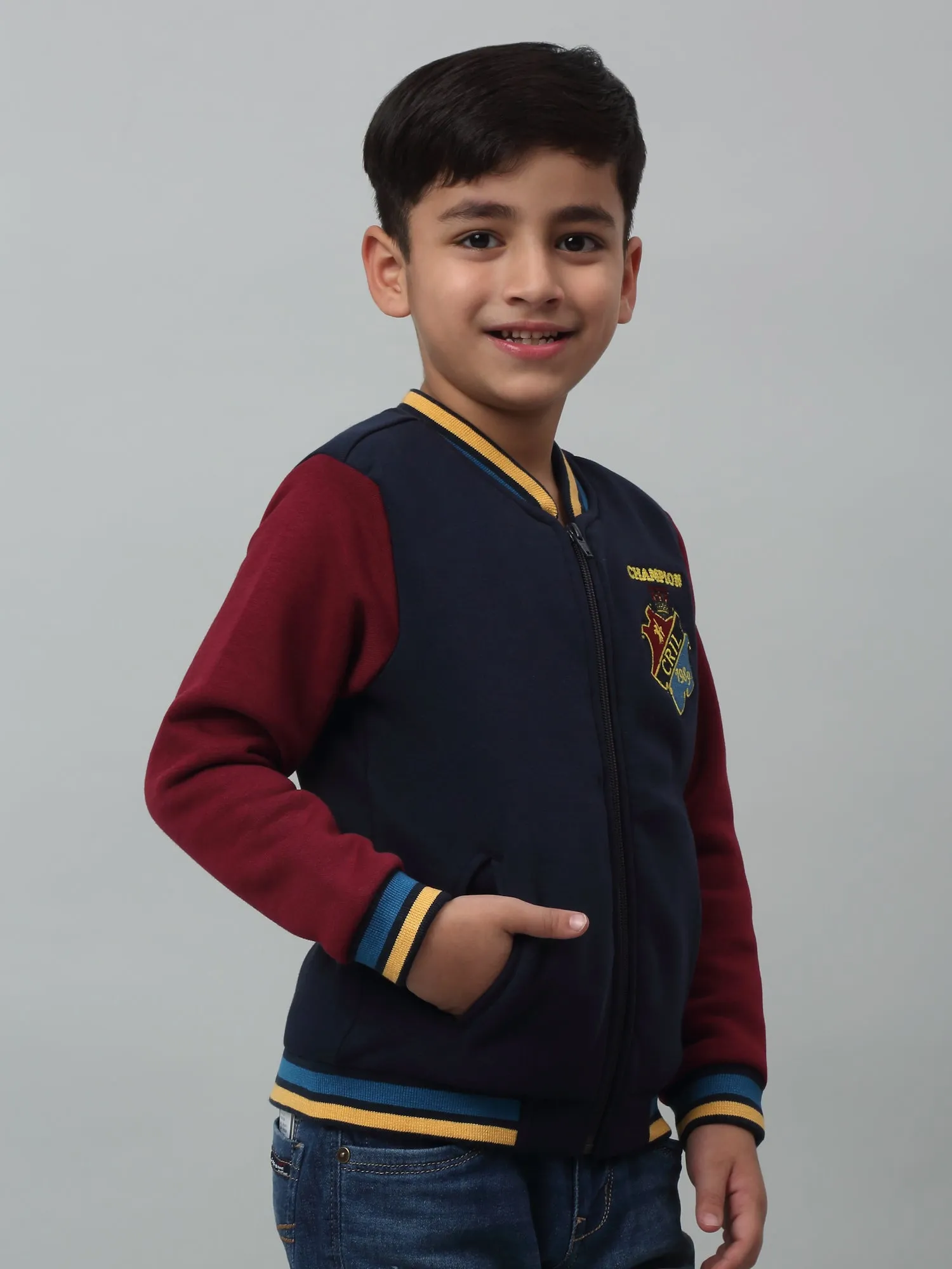 Cantabil Boys Navy Blue Colour Block Mandarin Collar Sweatshirt For Winter