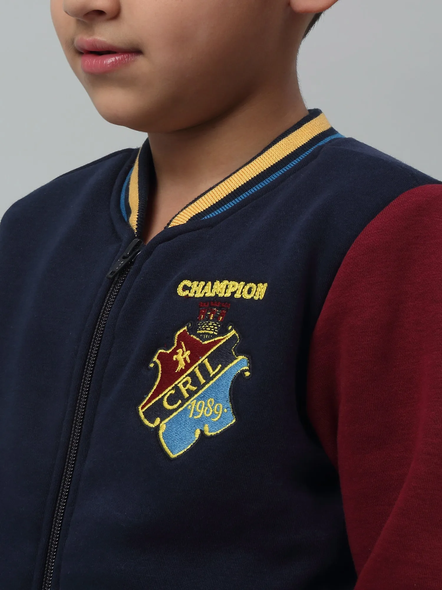 Cantabil Boys Navy Blue Colour Block Mandarin Collar Sweatshirt For Winter