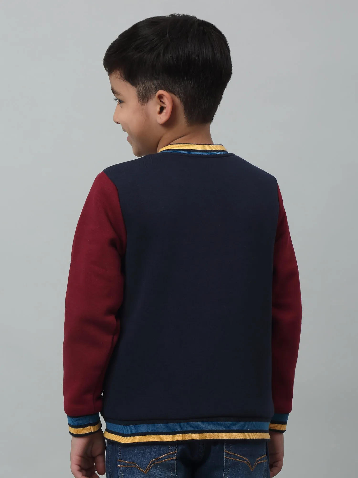 Cantabil Boys Navy Blue Colour Block Mandarin Collar Sweatshirt For Winter