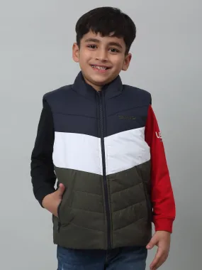 Cantabil Boys Olive Green Mandarin Collar Color-Blocked Casual Jacket For Winter